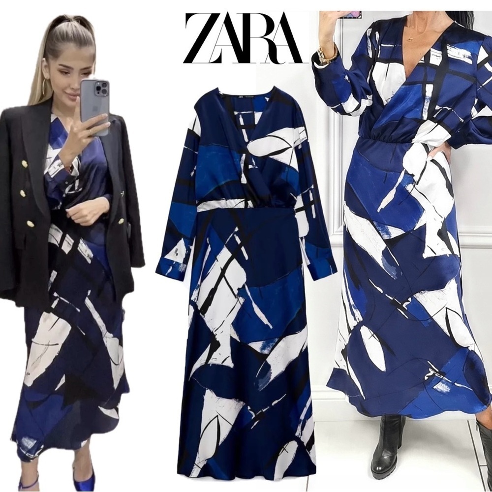 Zara abstract blue black white long sleeve faux wrap A-line midi dress XS NWOT